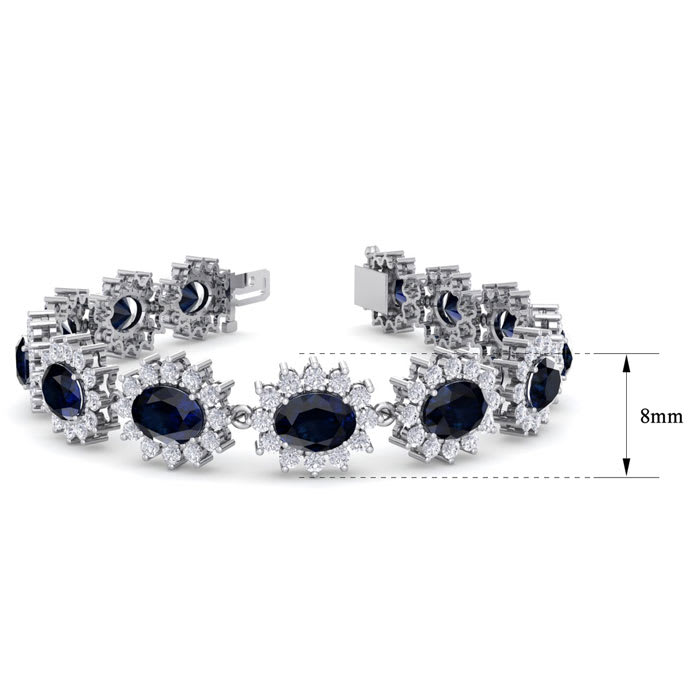 25 Carat Oval Shape Sapphire and Halo Diamond Bracelet In 14 Karat White Gold, 25 Carat Oval Shape Sapphire and Halo Diamond Bracelet In 14 Karat White Gold, 7 Inches