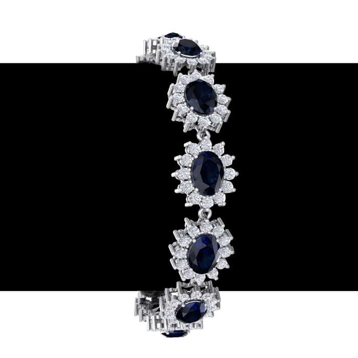 25 Carat Oval Shape Sapphire and Halo Diamond Bracelet In 14 Karat White Gold, 25 Carat Oval Shape Sapphire and Halo Diamond Bracelet In 14 Karat White Gold, 7 Inches