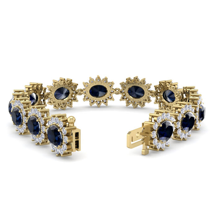 25 Carat Oval Shape Sapphire and Halo Diamond Bracelet In 14 Karat Yellow Gold, 7 Inches