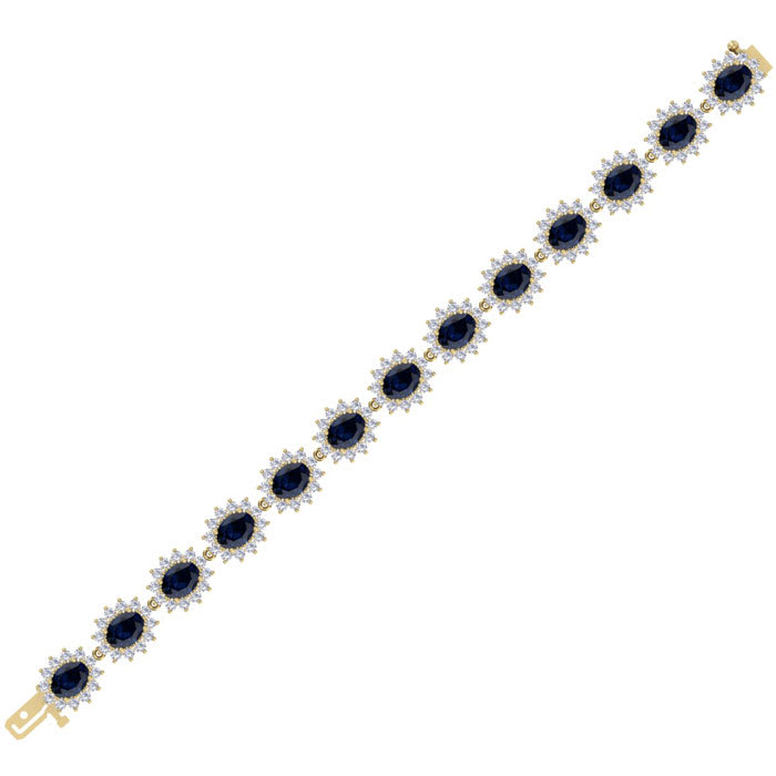 25 Carat Oval Shape Sapphire and Halo Diamond Bracelet In 14 Karat Yellow Gold, 7 Inches