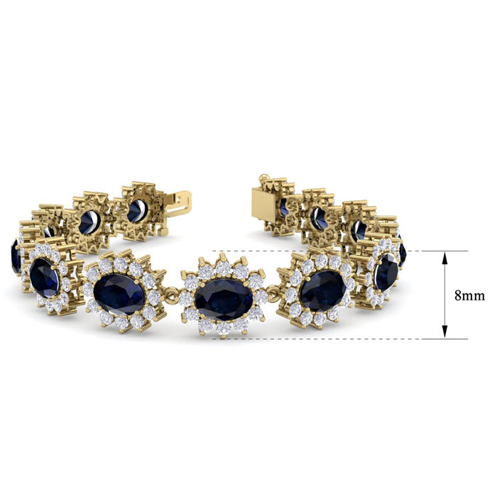 25 Carat Oval Shape Sapphire and Halo Diamond Bracelet In 14 Karat Yellow Gold, 7 Inches