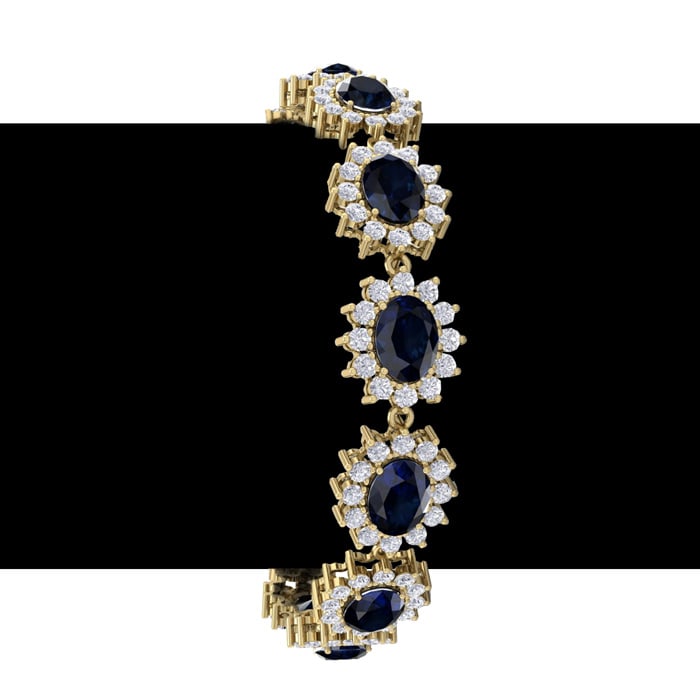 25 Carat Oval Shape Sapphire and Halo Diamond Bracelet In 14 Karat Yellow Gold, 7 Inches