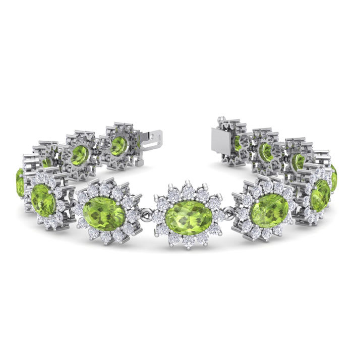 22 Carat Oval Shape Peridot and Halo Diamond Bracelet In 14 Karat White Gold, 7 Inches