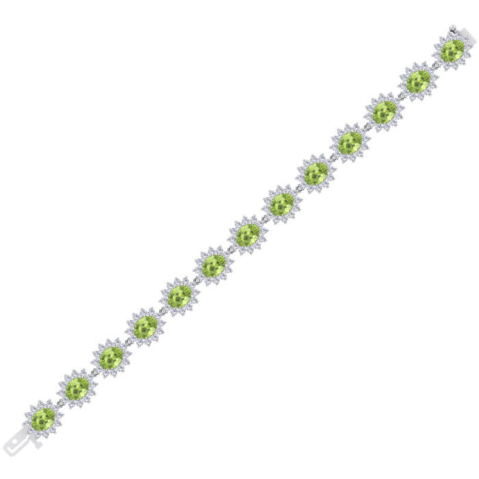 22 Carat Oval Shape Peridot and Halo Diamond Bracelet In 14 Karat White Gold, 7 Inches