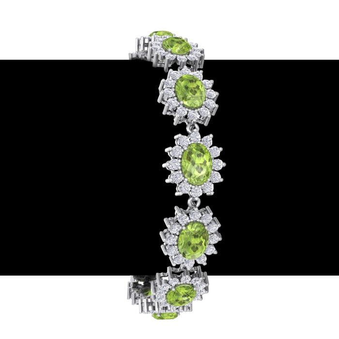 22 Carat Oval Shape Peridot and Halo Diamond Bracelet In 14 Karat White Gold, 7 Inches