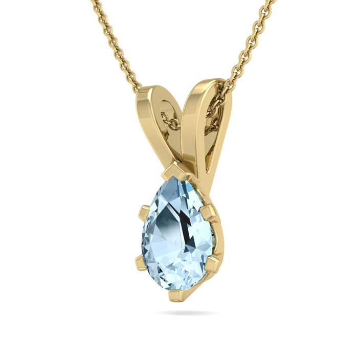 Aquamarine Necklace: Aquamarine Jewelry: 1/2 Carat Pear Shape Aquamarine Necklace In 14K Yellow Gold Over Sterling Silver, 18 Inches