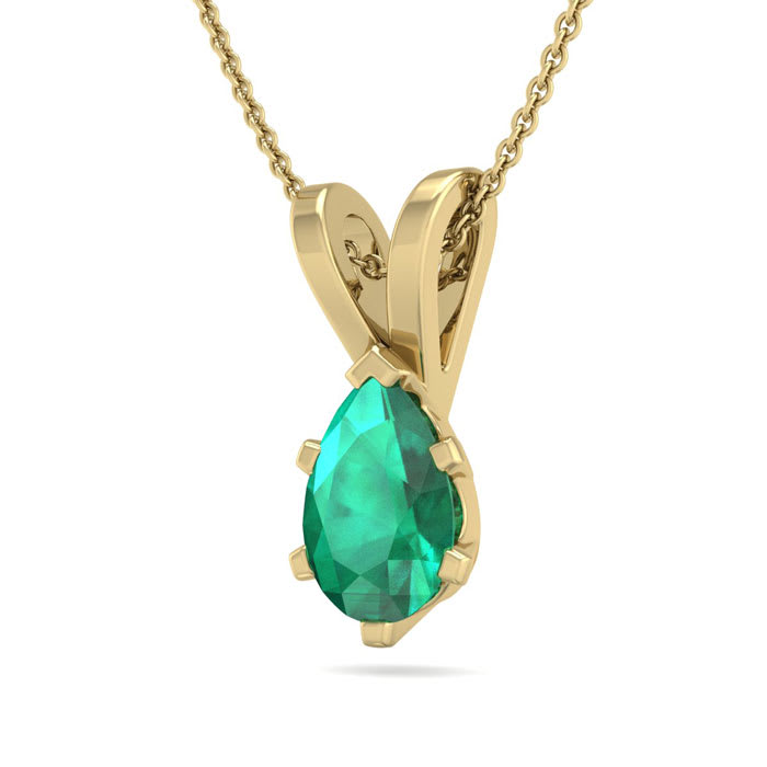 1/2 Carat Pear Shape Emerald Necklaces In 14 Karat Yellow Gold Over Sterling Silver, 18 Inch Chain
