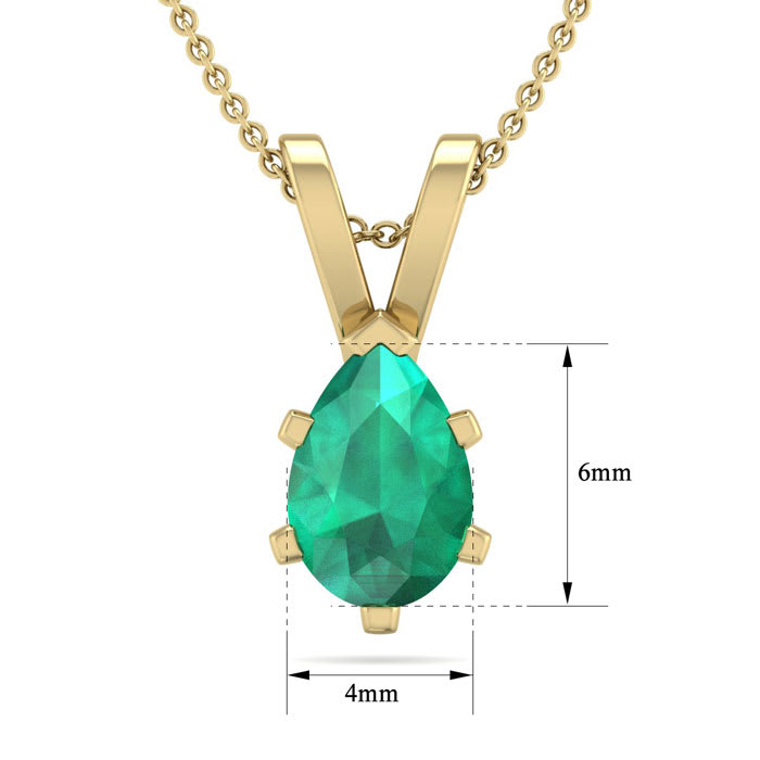 1/2 Carat Pear Shape Emerald Necklaces In 14 Karat Yellow Gold Over Sterling Silver, 18 Inch Chain