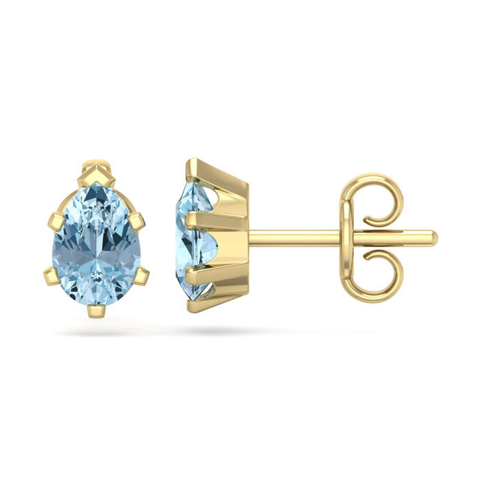 Aquamarine Earrings: Aquamarine Jewelry: 1 Carat Pear Shape Aquamarine Stud Earrings In 14K Yellow Gold Over Sterling Silver