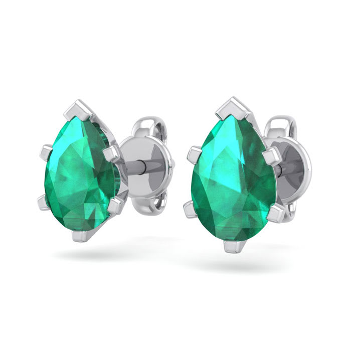 1 Carat Pear Shape Emerald Stud Earrings In Sterling Silver