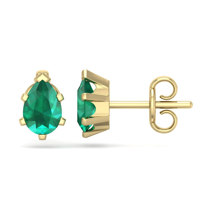 1 Carat Pear Shape Emerald Stud Earrings In 14K Yellow Gold Over Sterling Silver
