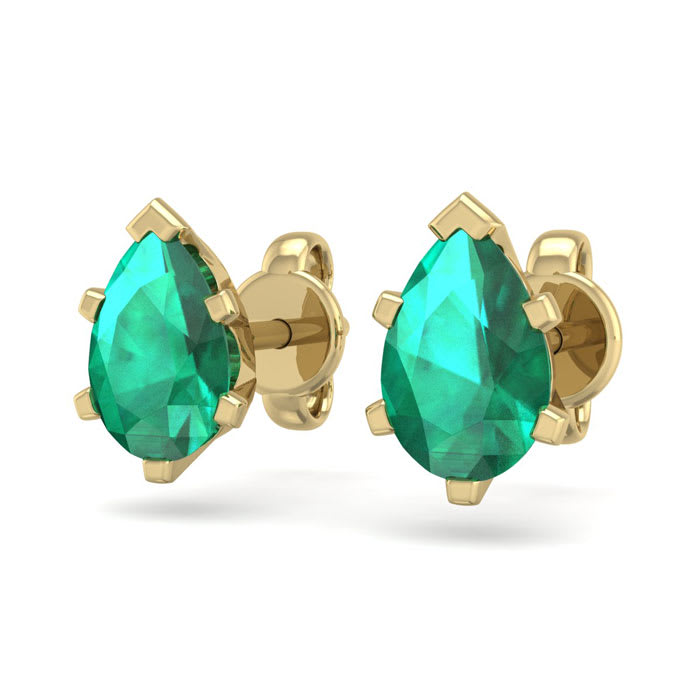 1 Carat Pear Shape Emerald Stud Earrings In 14K Yellow Gold Over Sterling Silver