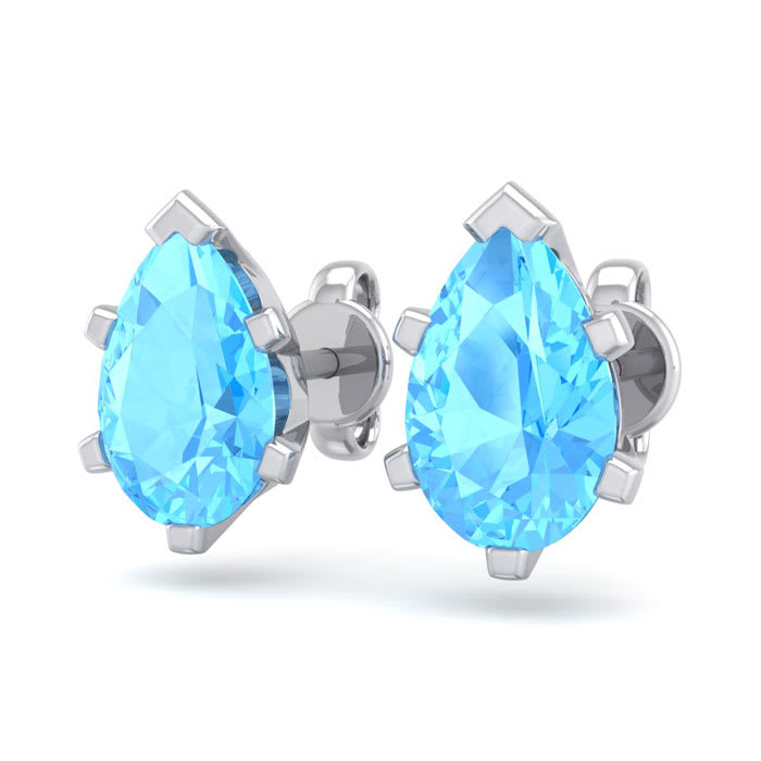 2 Carat Pear Shape Blue Topaz Stud Earrings In Sterling Silver