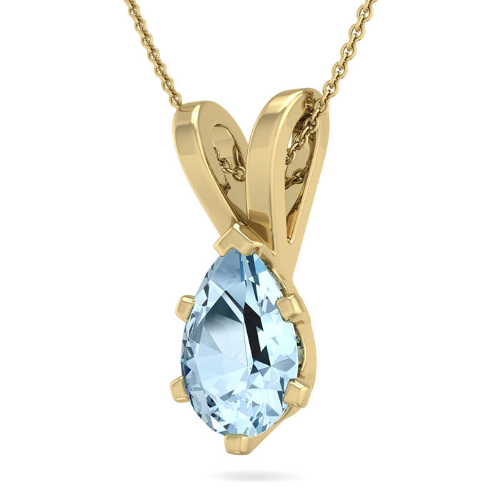 Aquamarine Necklace: Aquamarine Jewelry: 1 Carat Pear Shape Aquamarine Necklace In 14K Yellow Gold Over Sterling Silver, 18 Inches