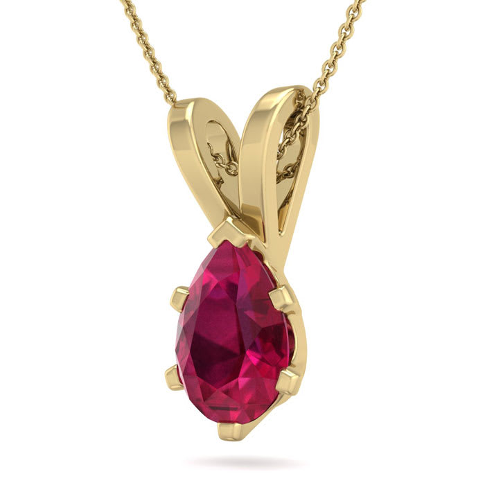 1 1/2 Carat Pear Shape Ruby Necklace In 14K Yellow Gold Over Sterling Silver, 18 Inches