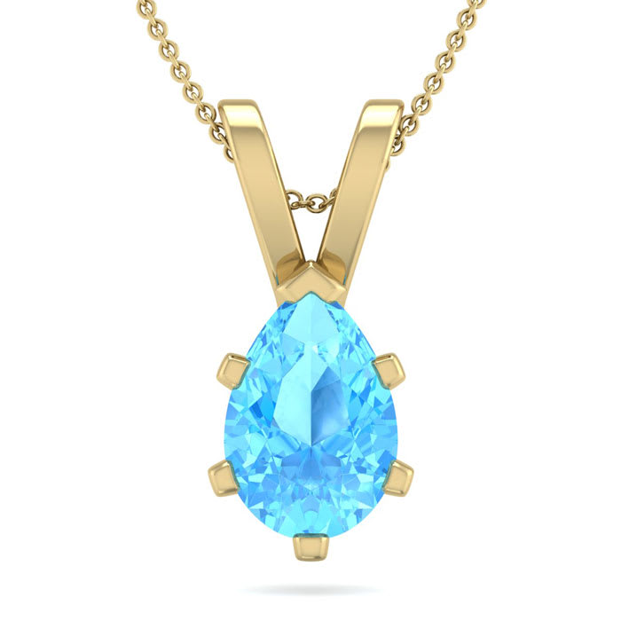 1 1/2 Carat Pear Shape Blue Topaz Necklace In 14K Yellow Gold Over Sterling Silver, 18 Inches