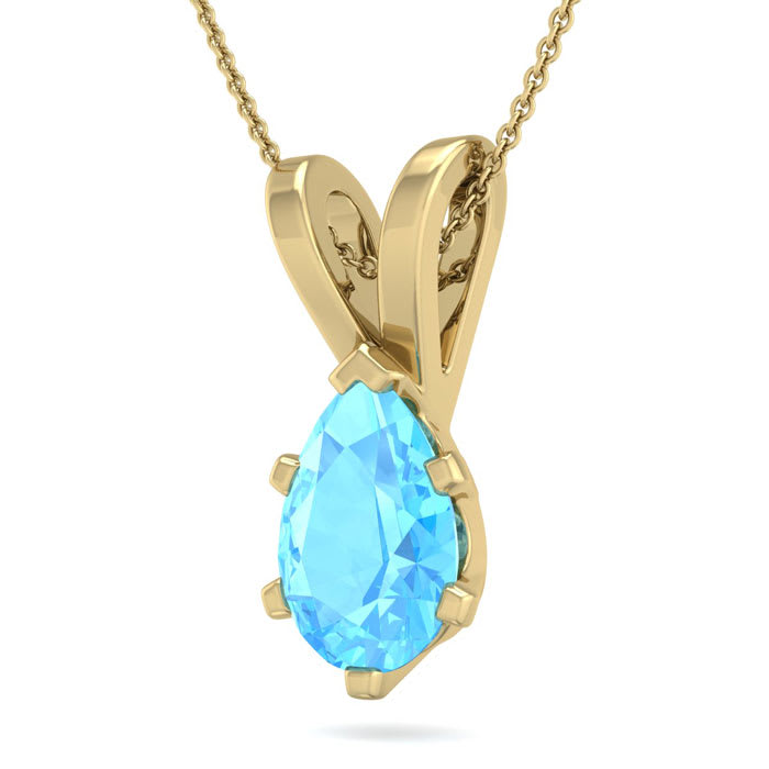 1 1/2 Carat Pear Shape Blue Topaz Necklace In 14K Yellow Gold Over Sterling Silver, 18 Inches