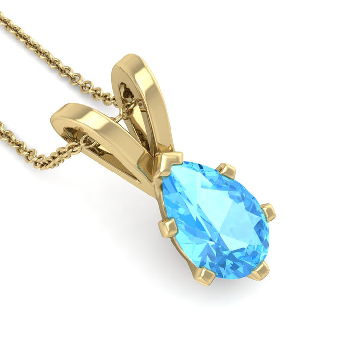 1 1/2 Carat Pear Shape Blue Topaz Necklace In 14K Yellow Gold Over Sterling Silver, 18 Inches