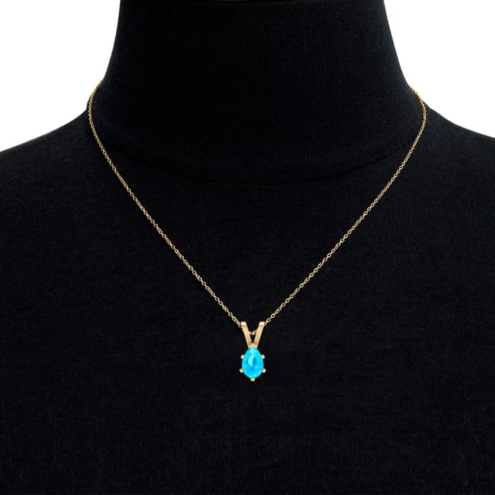 1 1/2 Carat Pear Shape Blue Topaz Necklace In 14K Yellow Gold Over Sterling Silver, 18 Inches