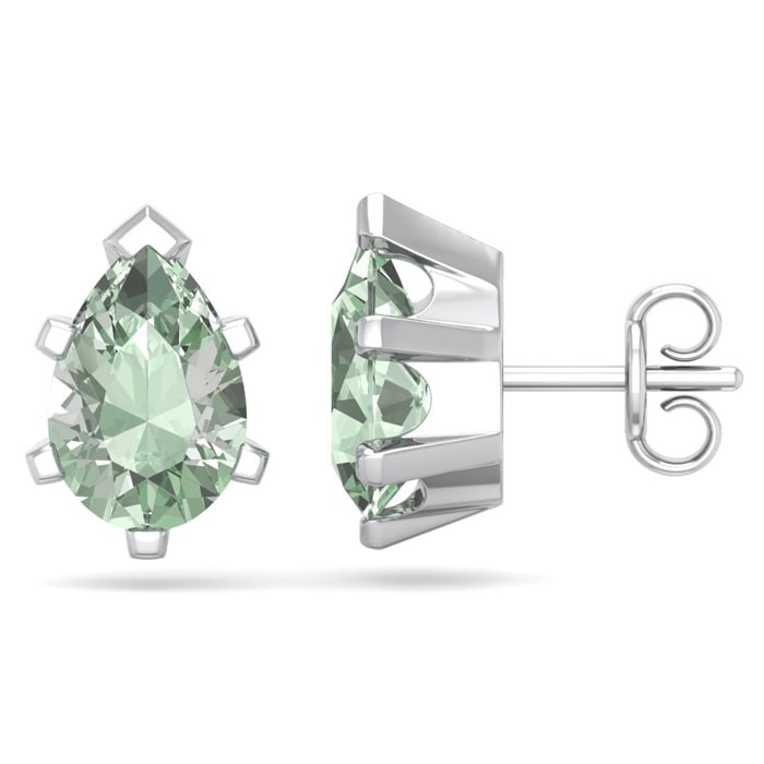 2 Carat Pear Shape Green Amethyst Stud Earrings In Sterling Silver