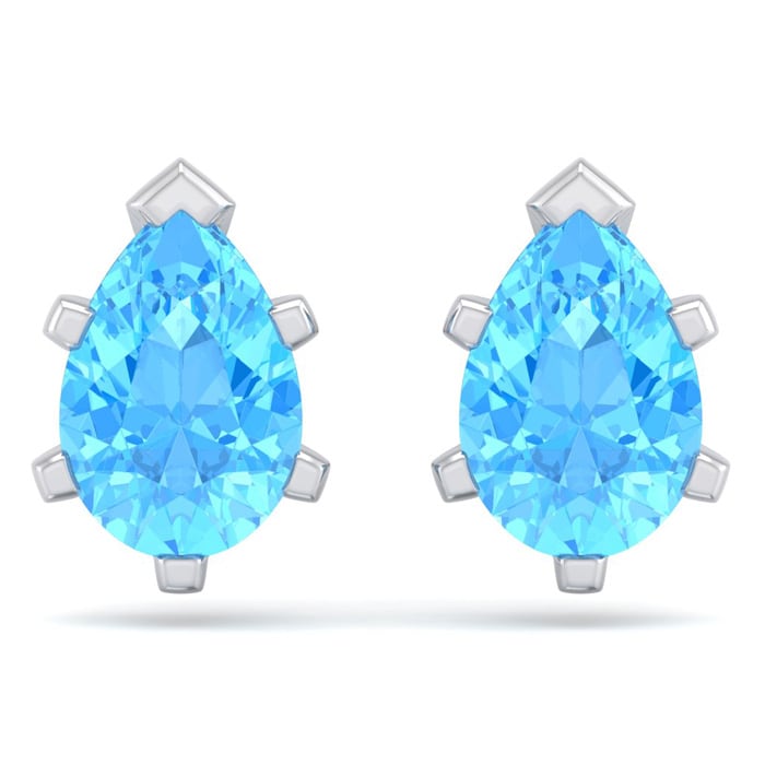 3 Carat Pear Shape Blue Topaz Stud Earrings In Sterling Silver