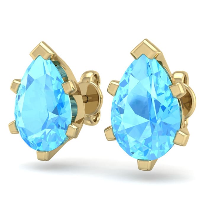 3 Carat Pear Shape Blue Topaz Stud Earrings In 14K Yellow Gold Over Sterling Silver