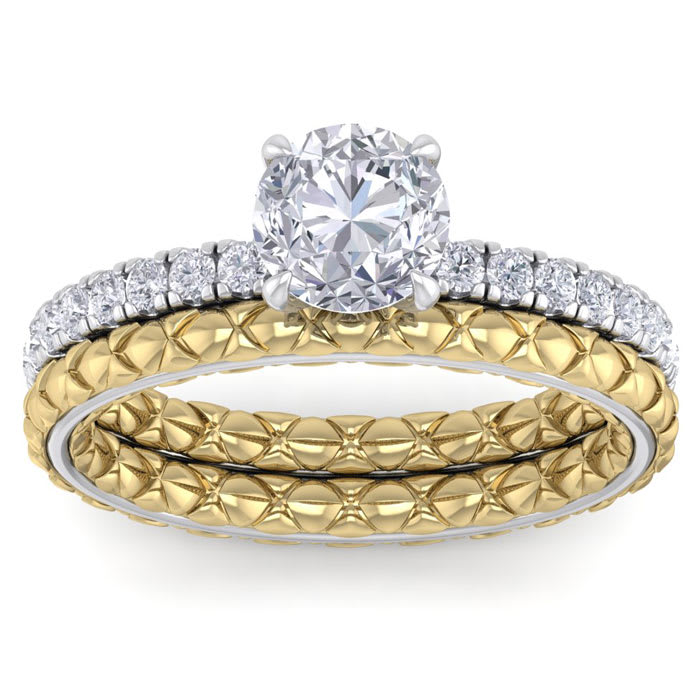 Moissanite Engagement Ring; 1 1/2 Carat Round Shape Moissanite Bridal Set In Quilted 14 Karat White and Yellow Gold