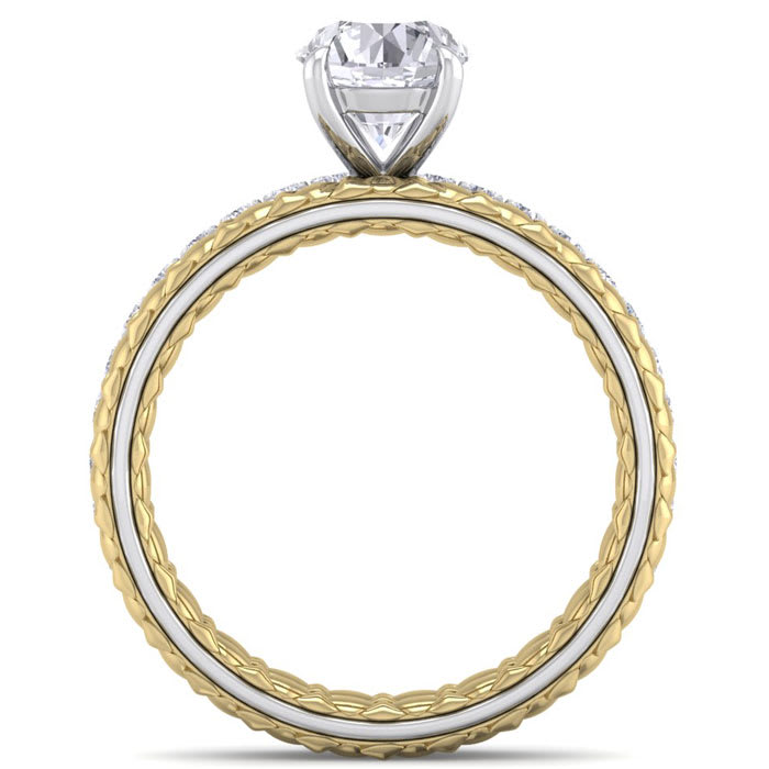 Moissanite Engagement Ring; 1 1/2 Carat Round Shape Moissanite Bridal Set In Quilted 14 Karat White and Yellow Gold