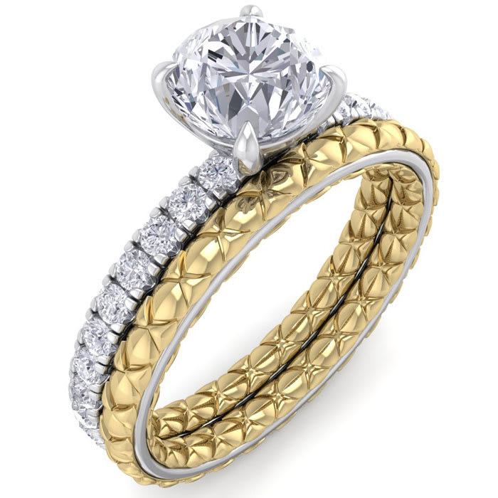 Moissanite Engagement Ring; 1 1/2 Carat Round Shape Moissanite Bridal Set In Quilted 14 Karat White and Yellow Gold