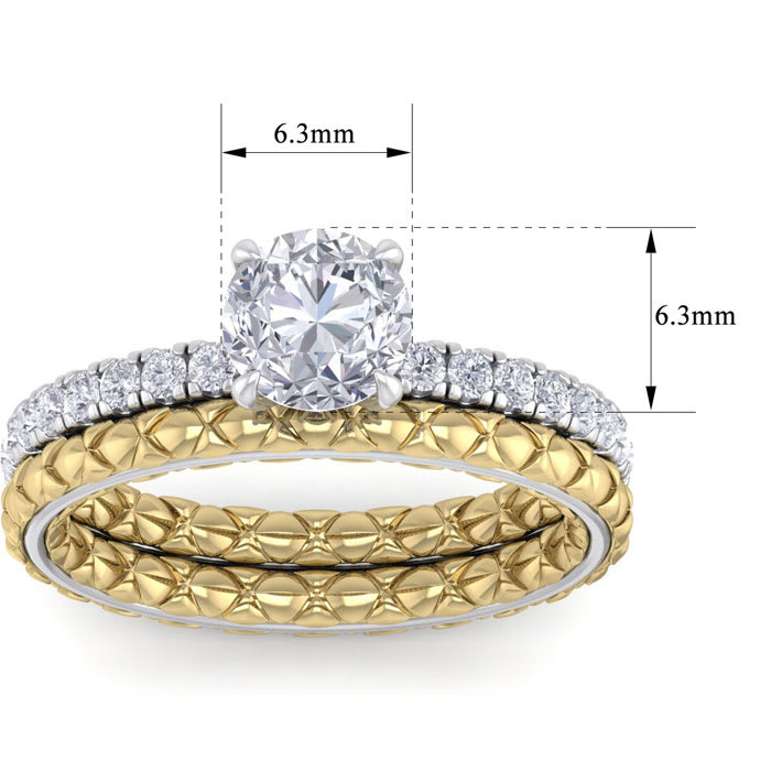 Moissanite Engagement Ring; 1 1/2 Carat Round Shape Moissanite Bridal Set In Quilted 14 Karat White and Yellow Gold