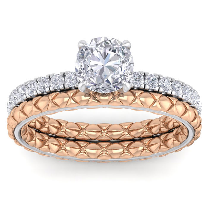 Moissanite Engagement Ring; 1 1/2 Carat Round Shape Moissanite Bridal Set In Quilted 14 Karat White and Rose Gold