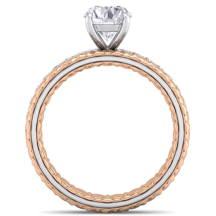 Moissanite Engagement Ring; 1 1/2 Carat Round Shape Moissanite Bridal Set In Quilted 14 Karat White and Rose Gold