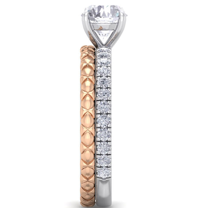 Moissanite Engagement Ring; 1 1/2 Carat Round Shape Moissanite Bridal Set In Quilted 14 Karat White and Rose Gold