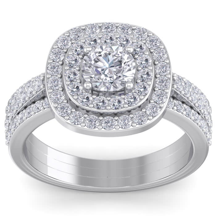 1 3/4 Carat Double Halo Diamond Engagement Ring In 14 Karat White Gold
