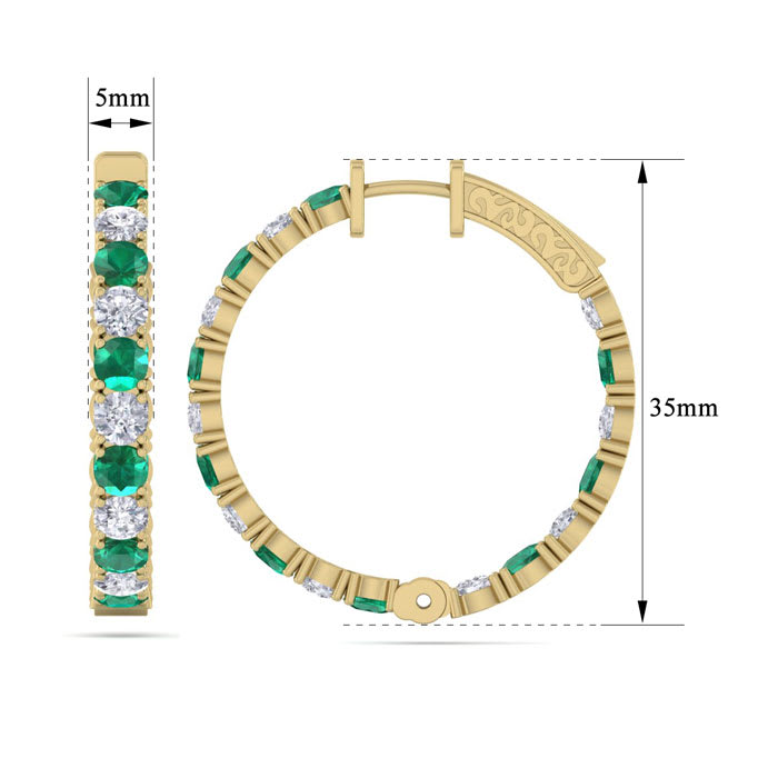 7 Carat Emerald and Diamond Hoop Earrings In 14 Karat Yellow Gold, 1 1/4 Inch