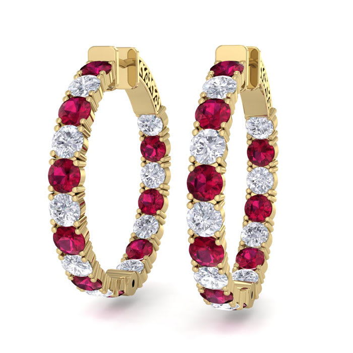 7 Carat Ruby and Diamond Hoop Earrings In 14 Karat Yellow Gold, 1 1/4 Inch