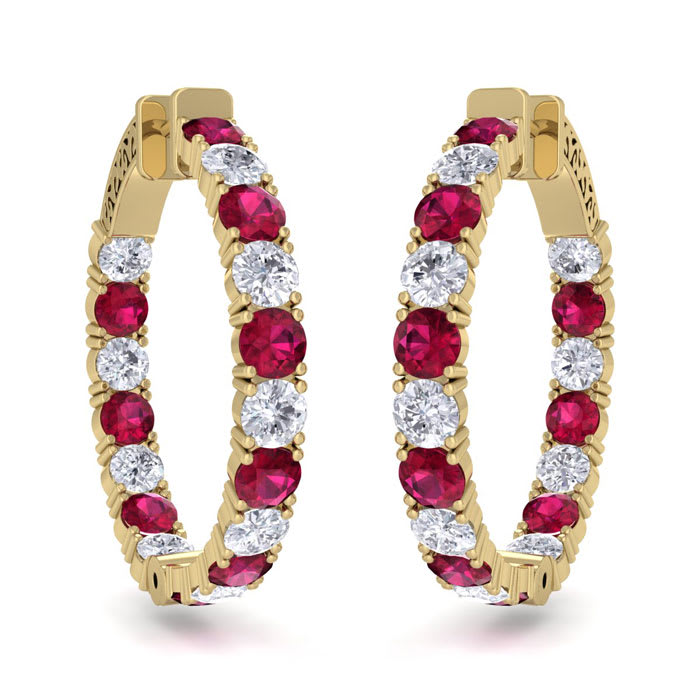 7 Carat Ruby and Diamond Hoop Earrings In 14 Karat Yellow Gold, 1 1/4 Inch
