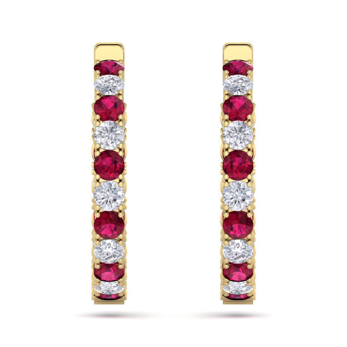 7 Carat Ruby and Diamond Hoop Earrings In 14 Karat Yellow Gold, 1 1/4 Inch