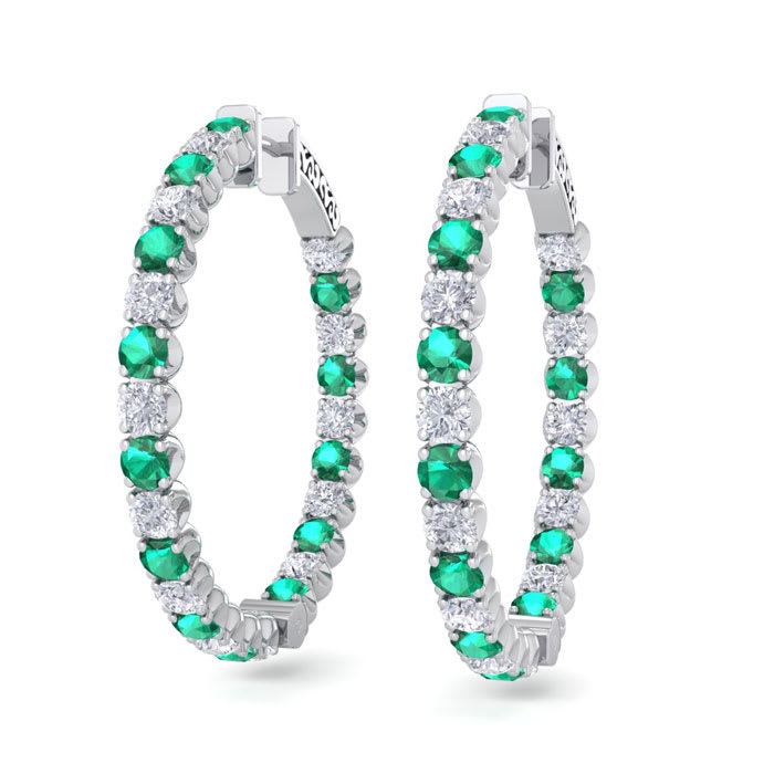 5 Carat Emerald and Diamond Hoop Earrings In 14 Karat White Gold, 1 1/2 Inches