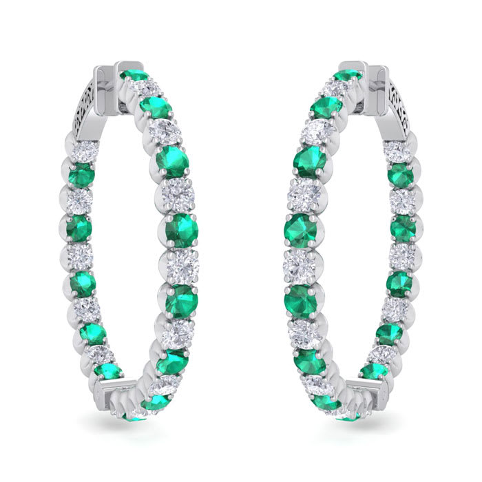 5 Carat Emerald and Diamond Hoop Earrings In 14 Karat White Gold, 1 1/2 Inches