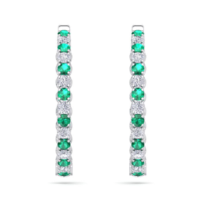 5 Carat Emerald and Diamond Hoop Earrings In 14 Karat White Gold, 1 1/2 Inches