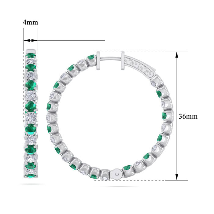5 Carat Emerald and Diamond Hoop Earrings In 14 Karat White Gold, 1 1/2 Inches