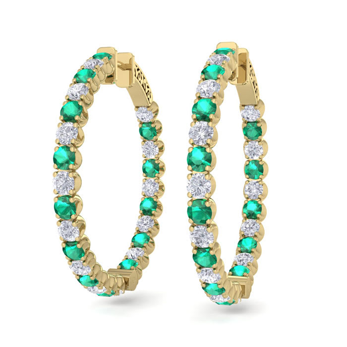 5 Carat Emerald and Diamond Hoop Earrings In 14 Karat Yellow Gold, 1 1/2 Inches
