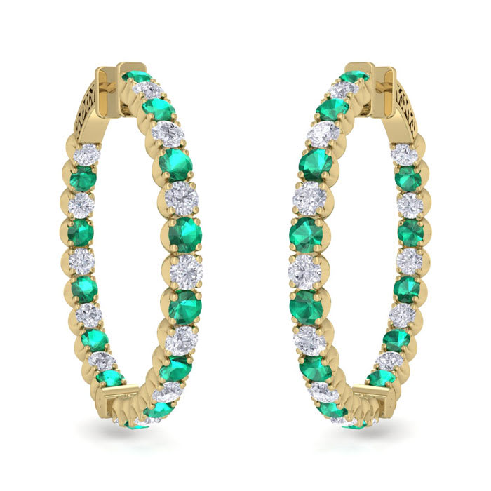 5 Carat Emerald and Diamond Hoop Earrings In 14 Karat Yellow Gold, 1 1/2 Inches