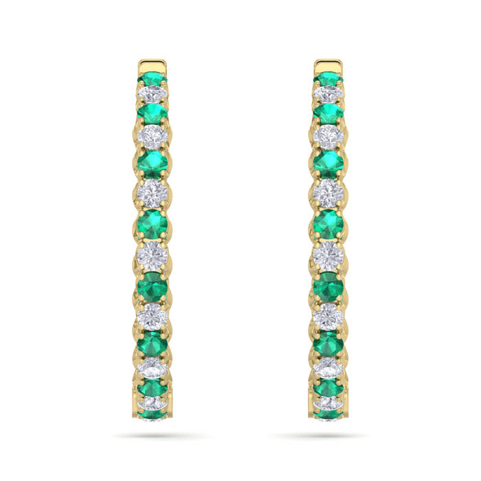 5 Carat Emerald and Diamond Hoop Earrings In 14 Karat Yellow Gold, 1 1/2 Inches
