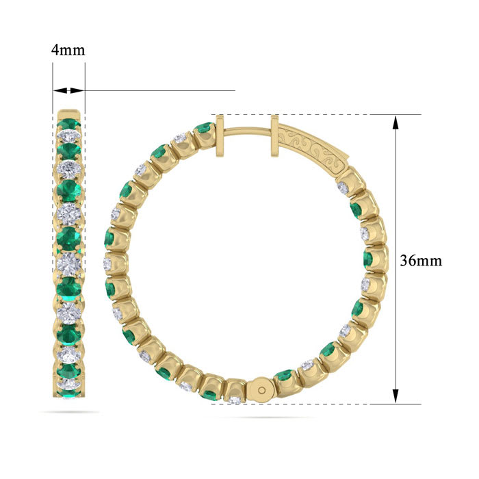 5 Carat Emerald and Diamond Hoop Earrings In 14 Karat Yellow Gold, 1 1/2 Inches