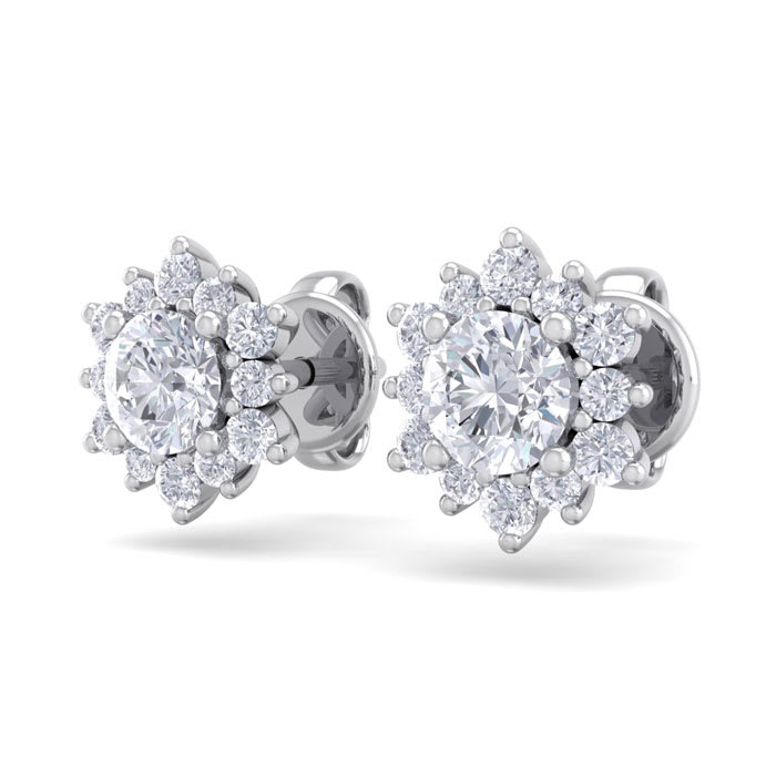 1 Carat Round Shape Flower Halo Moissanite Stud Earrings In 14 Karat White Gold