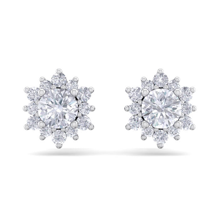 1 Carat Round Shape Flower Halo Moissanite Stud Earrings In 14 Karat White Gold