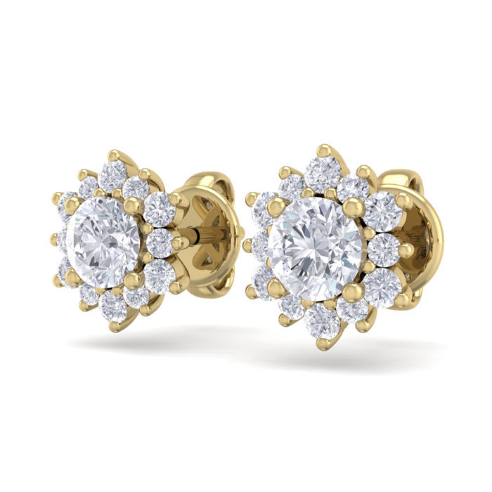 1 Carat Round Shape Flower Halo Diamond Stud Earrings In 14 Karat Yellow Gold