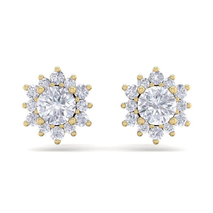 1 Carat Round Shape Flower Halo Diamond Stud Earrings In 14 Karat Yellow Gold